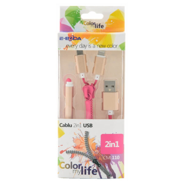 Cablu de date E-Boda CML 110, Micro USB, compatibil iPhone, Roz - Cod produs: 119831