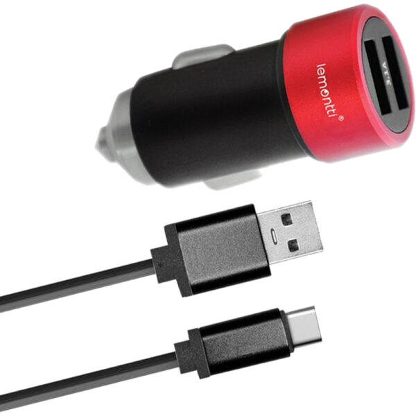 Incarcator auto Lemontti LIA2UTCNR3A, USB Type-C, Negru-Rosu - Cod produs: 125877