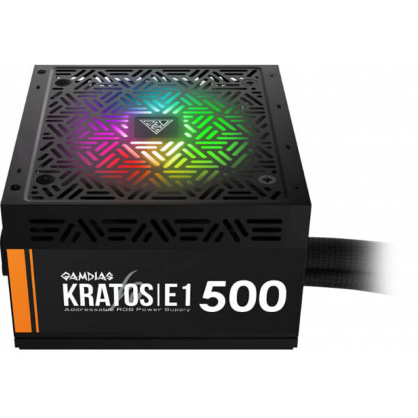 Sursa Gamdias Kratos E1, 500 W, Single rail, Certificare 80 +, Ventilator 120mm,  Iluminare RGB, Eficienta 80% - Cod produs: 148650