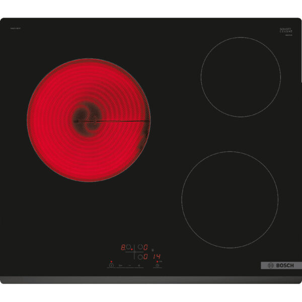 Plita incorporabila Bosch PKM631BB2E, Vitroceramica, 3 zone de gatit, TouchControl, QuickStop, Functie restart, Child Lock, Negru - Cod produs: 149327