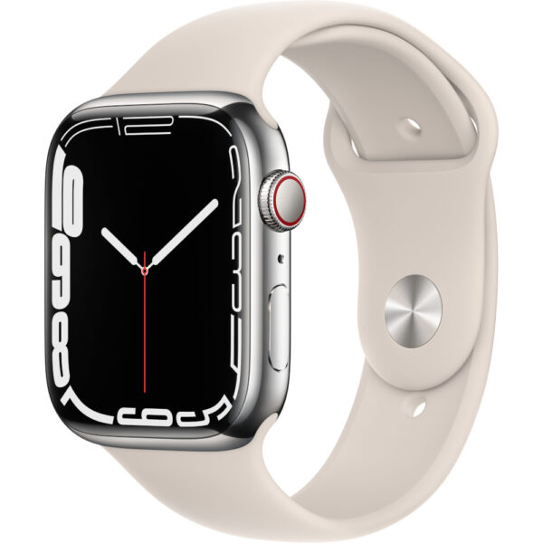 Apple Watch Series 7 GPS + Cellular, 45mm, Silver Stainless Steel Case, Starlight Sport Band - Cod produs: 149544