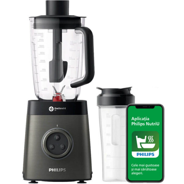 Blender Philips Avance Collection HR3664/90, 1400 W, 2.2 L, Pana la 35.000 RPM, Viteza variabila, Recipient 2go, Progam smoohie, Tehnologie ProBlend 6, Gri - Cod produs: 150429