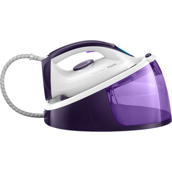 Statie de calcat Philips FastCare Compact GC6740/30, 2400 W, 1.5 L, 5.2 bar, Abur 120 g/min, Tehnologie Smart Calc Clean, Generator de abur ProVelocity, Alb/Violet - Cod produs: 150478