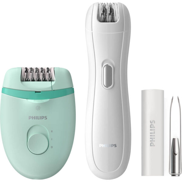 Set epilator Philips Satinelle BRP529/00, 2 setari de viteza, Tehnologie Opti-light, Penseta cu lumina si oglinda integrate, Mini epilator inclus, Turcoaz - Cod produs: 150521