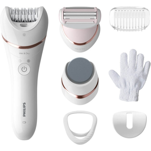 Epilator umed si uscat Philips Seria 8000 BRE730/10, 7 accesorii, 32 pensete, Utilizare fara fir, 2 setari viteza, Opti-light, Discuri ceramice, Argintiu - Cod produs: 150528