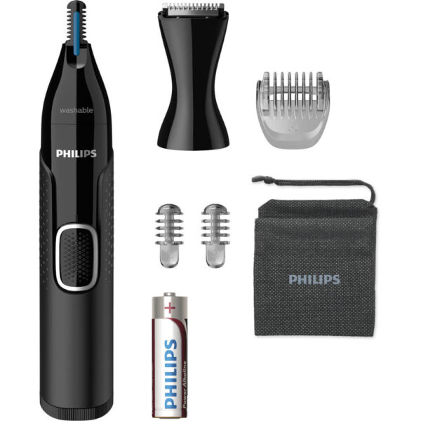 Trimmer pentru nas/urechi Philips NT5650/16, Baterie, Lavabil, Umed si suscat, Tehnologie Precision Trim, otel inoxidabil, Pieptane sprancene, 2 piepteni 3-5 mm, Negru - Cod produs: 150530