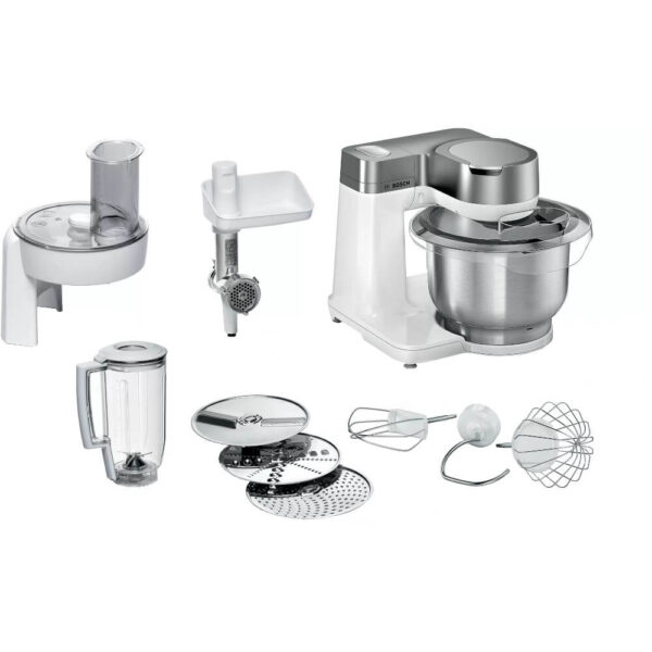 Robot de bucatarie Bosch MUMS2VS30, 900 W, Bol inox 3.8 L, Blender 1.25 L, 7 viteze+Pulse, Mixare planetara 3D, Set patiserie, Accesoriu razuire, Masina de tocat, Alb - Cod produs: 150864