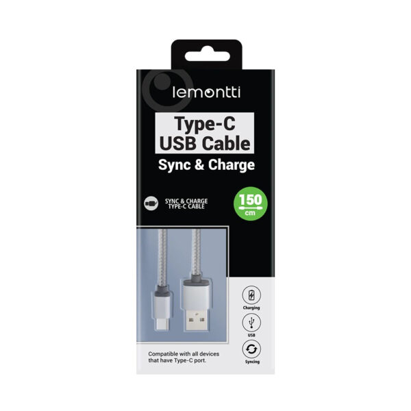 Cablu de date Lemontti Textil, USB Type-C, Gri - Cod produs: 125871