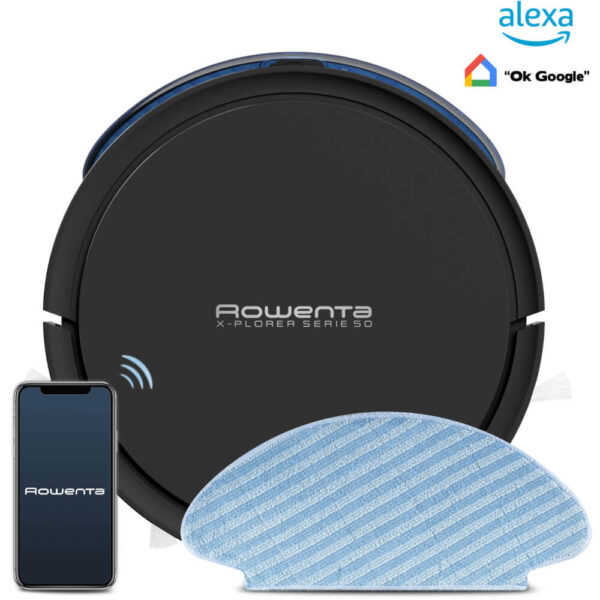 Aspirator robot Rowenta X-Plorer Serie 50 RR7375WH, Mop, Wi-Fi, 0.4 L, 12 kWh/an, Control prin aplicatie, Animal Care, 3 Functii de curatare, Autonomie de 120 min, Negru - Cod produs: 146514