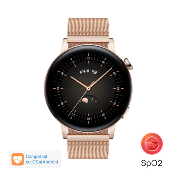 Smartwatch Huawei Watch GT 3 Milo-B19T, 42 mm, Elegant Gold Milanese - Cod produs: 150061