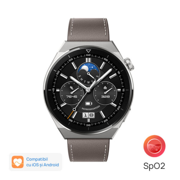 Smartwatch Huawei Watch GT 3 Pro, Titanium Case, Gray Leather Strap - Cod produs: 152292