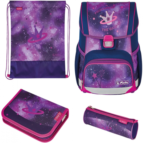 Ghiozdan echipat Loop Plus, ( penar 16 piese, sac sport, necessaire rotund) dimensiune 37 x 31 x 22 cm, motiv Galaxy Princess - Cod produs: 153429