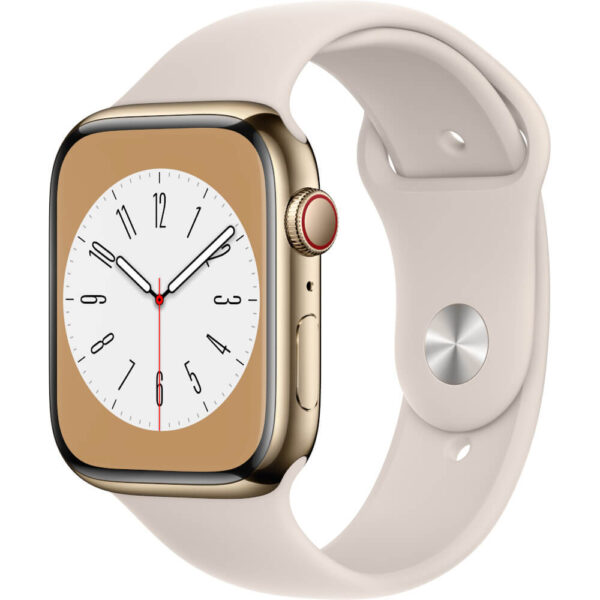 Apple Watch Series 8 GPS + Cellular, 45mm, Gold Stainless Steel Case, Starlight Sport Band - Cod produs: 153975