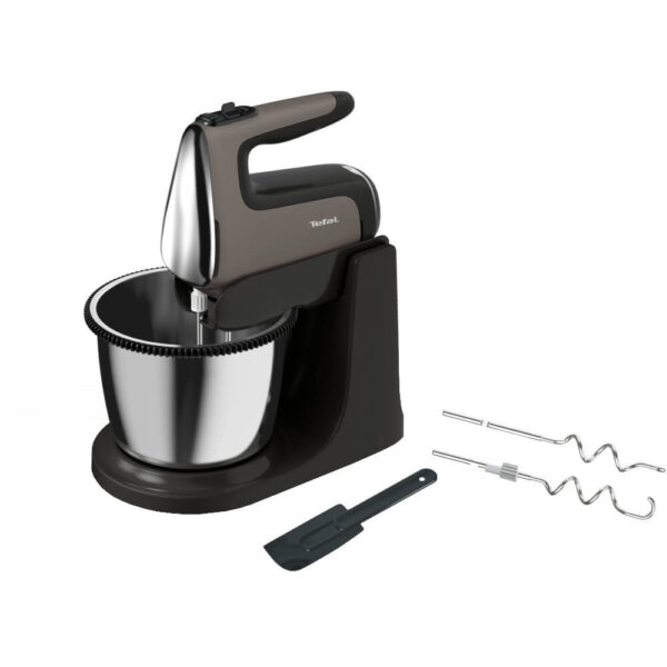 Mixer cu bol Tefal PowerMix Silence HT654E38, 600 W, 2.5L, 5 trepte viteza + turbo, 2 teluri/carlige din inox, Spatula, Negru/Argintiu - Cod produs: 152441