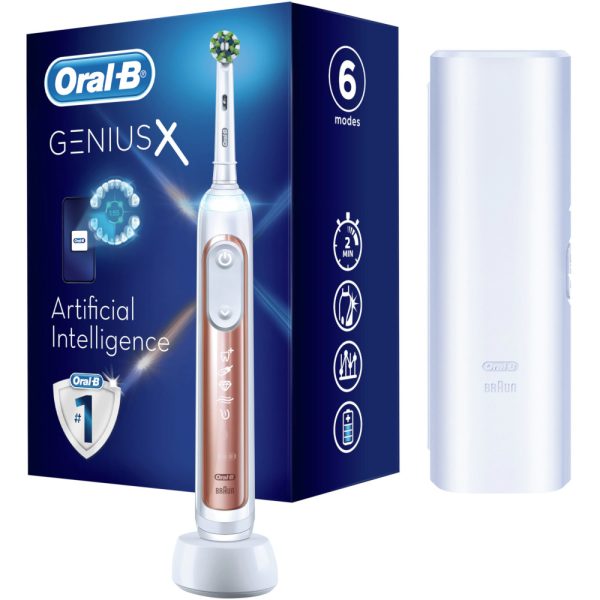 Periuta de dinti electrica Oral-B Genius X, Inteligenta artificiala, Curatare 3D, 6 programe, 1 capat, Bluetooth, Trusa de calatorie standard, Rose Gold - Cod produs: 149451