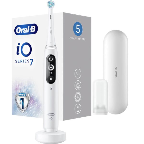 Periuta de dinti electrica Oral-B iO7, Tehnologie Magnetica si Micro-Vibratii, Display LED, Timer vizibil, 5 moduri, 1 capat, Suport rezerve, Trusa de calatorie, Alb - Cod produs: 149497