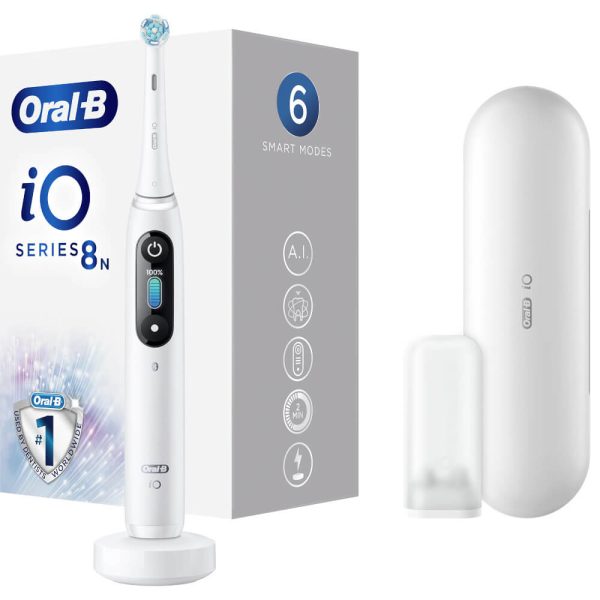 Periuta de dinti electrica Oral-B iO8 cu Tehnologie Magnetica si Micro-Vibratii, Display led, Timer, 6 moduri, 1 capat, Incarcator magnetic, Trusa de calatorie, Alb - Cod produs: 149499