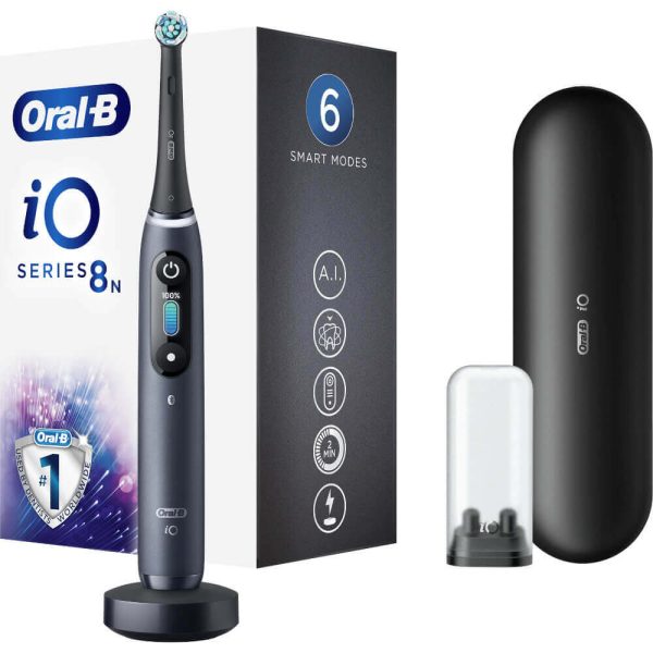 Periuta de dinti electrica Oral-B iO8 cu Tehnologie Magnetica si Micro-Vibratii, Display led, Timer, 6 moduri, 1 capat, Incarcator magnetic, Trusa de calatorie, Negru - Cod produs: 149500