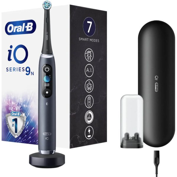 Periuta de dinti electrica Oral-B iO9 cu Tehnologie Magnetica si Micro-Vibratii, Inteligenta artificiala, Display led, 7 moduri, 1 capat, Incarcator magnetic, Negru - Cod produs: 149501