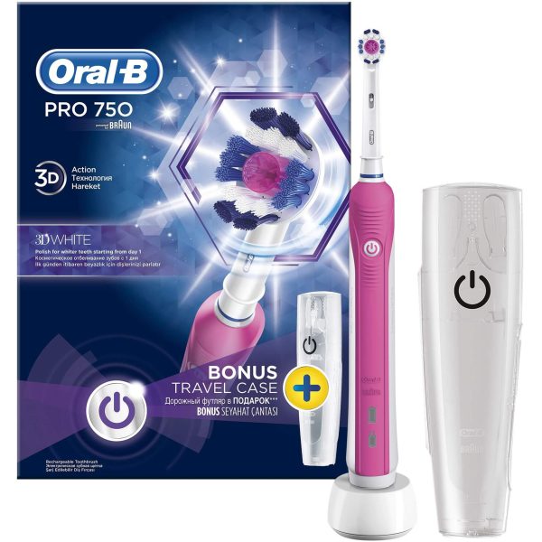 Periuta de dinti electrica Oral-B PRO 750 3D White, 8800 oscilatii, 1 program, 1 capat, Alb/Roz + Suport de calatorie - Cod produs: 124438