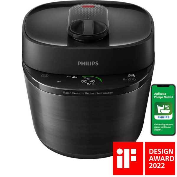 Philips All-in-One MultiCooker cu gatire sub presiune HD2151/40, 1000 W, 5 L, 18 sisteme de protectie, Aplicatie NutriU, Carte de bucate, Negru - Cod produs: 150442