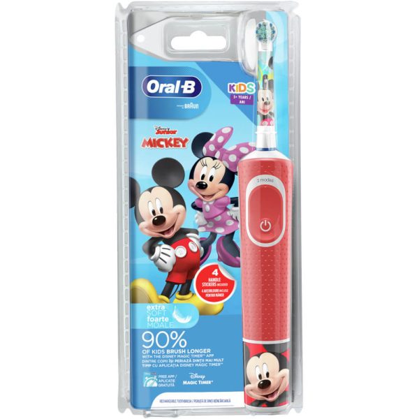 Periuta de dinti electrica Oral-B Vitality Mickey pentru copii, Curatare 2D, 2 programe, 1 capat, 4 stickere incluse, Rosu - Cod produs: 149449